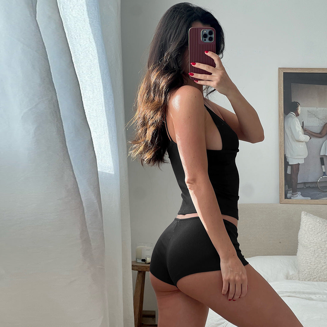 Autumn Winter New Women's Deep V-Neck Strap Sleepwear Solid Color Low Waist Shorts Home Wear Set