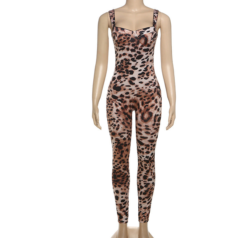 Fashion Sexy Leopard Print Strap Backless High Waist Butt-Lifting Bodycon Jumpsuit