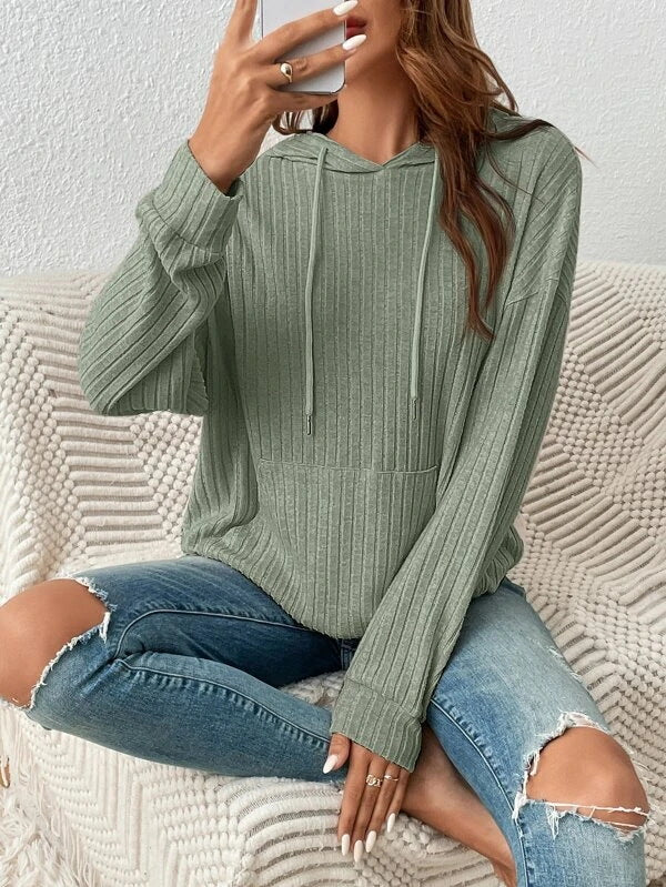 Fashion Drawstring Long-sleeved Hooded Sweatshirt With Pockets Solid Sunken Stripe Hoodie Knitwear Womens Clothing by DERILUJA LLC