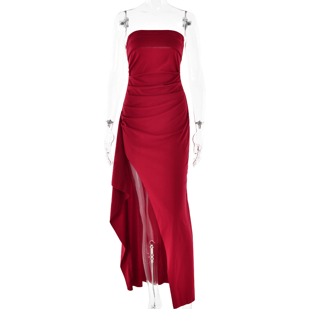 Strapless Split Long Dress Summer Fashion Pleated Bridesmaid Dress For Womens Party Wedding Clothing by My Store