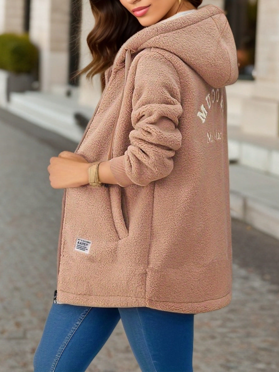 Winter Fleece Hooded Jacket Fashion Casual Zip-up Pockets Long Sweatshirt Warm Commuter Women's Clothing by My Store