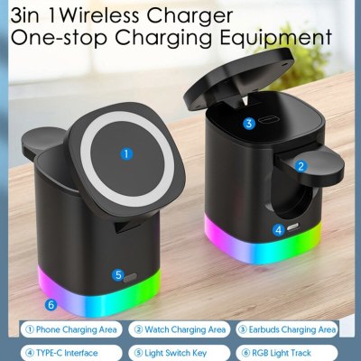 3 In 1 Magnetic Wireless Fast Charger For Smart Phone RGB Ambient Light Charging Station For Airpods IWatch by eprolo