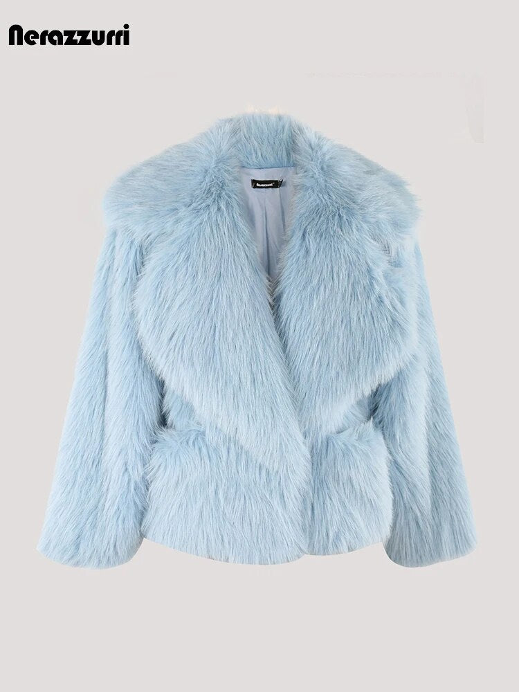 Nerazzurri Winter Short Loose Casual Hairy Soft Thick Warm Pink Faux Fur Coat Women with Big Collar and Pockets Fluffy women's Jacket