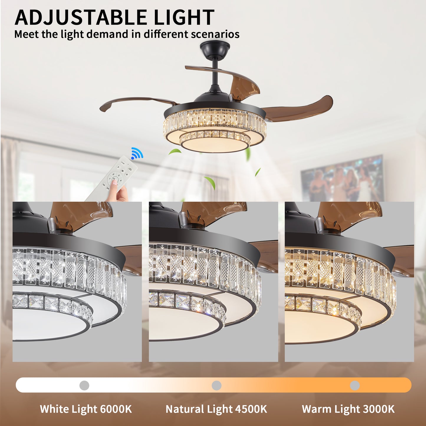 Modern LED retractable ceiling fan with lighting and remote control, silent reversible motor, 4-blade modern ceiling fan by eprolo