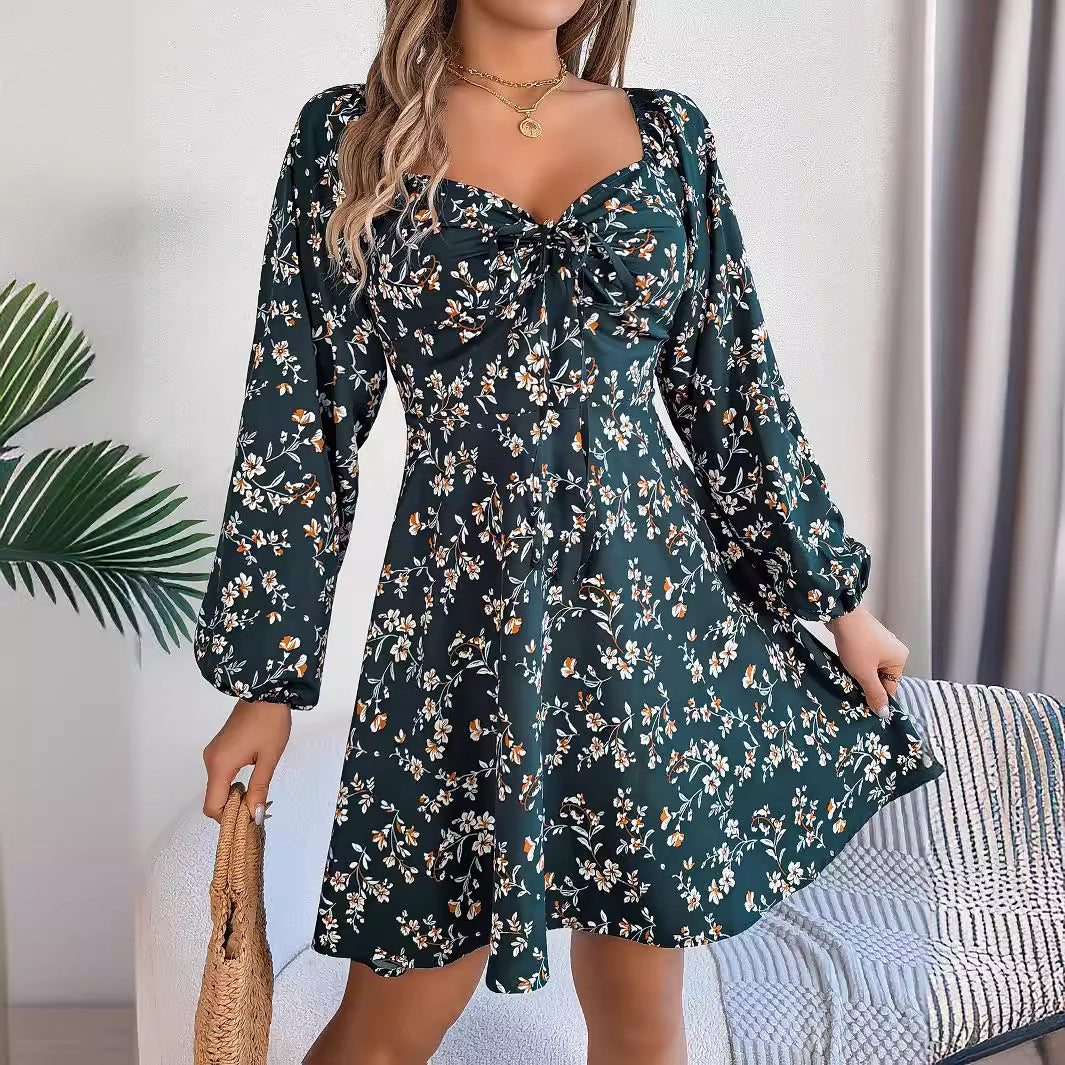 Fashion Floral Print Lantern Sleeve Dress Casual Sexy Tie Square Neck Long Sleeve A-Line Dress Women's Clothing by DERILUJA LLC