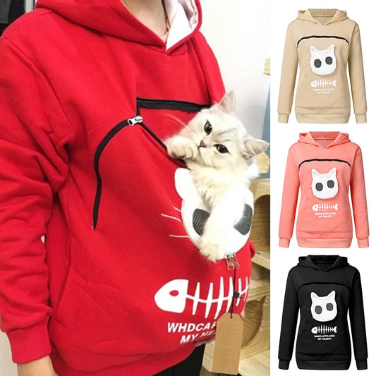 Women Hoodie Sweatshirt With Cat Pet Pocket Design Long Sleeve Sweater Cat Outfit by DERILUJA LLC