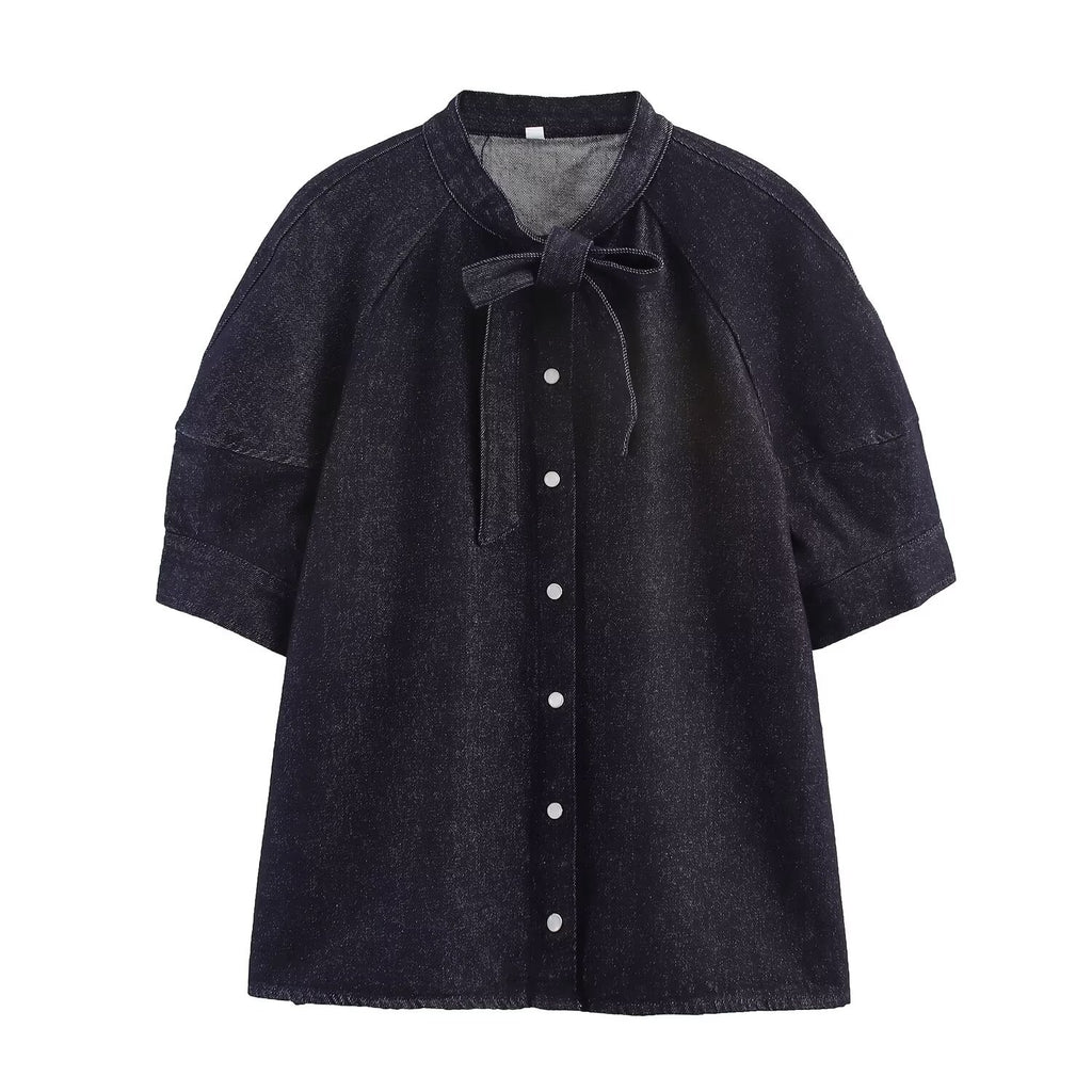 Bow tie denim shirt+skirt set