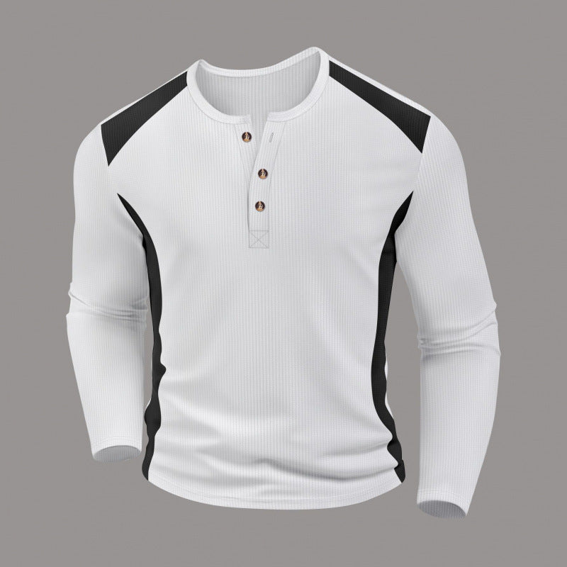 Men's Waffle-Weave Two-Tone Turtleneck Button-Up Long-Sleeve Top by DERILUJA LLC