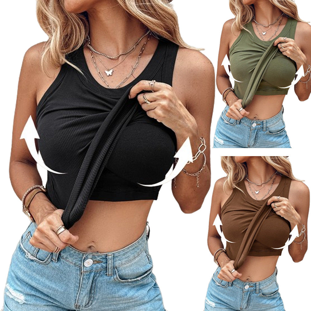 Ins Round Neck Vest With Bra Summer Solid Color Bottom Sleeveless Top Womens Clothing by DERILUJA LLC