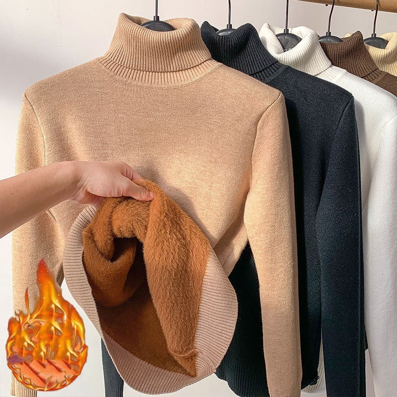 Fleece Turtle Neck Sweater Winter Warm Elegant Thick Knitted Pullover Tops Women's Clothing by DERILUJA LLC