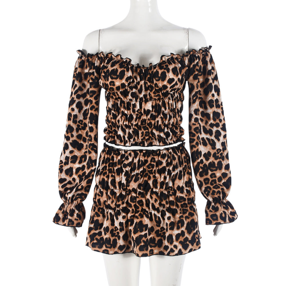 Black spotted leopard print long sleeved short skirt two-piece set for women by eprolo