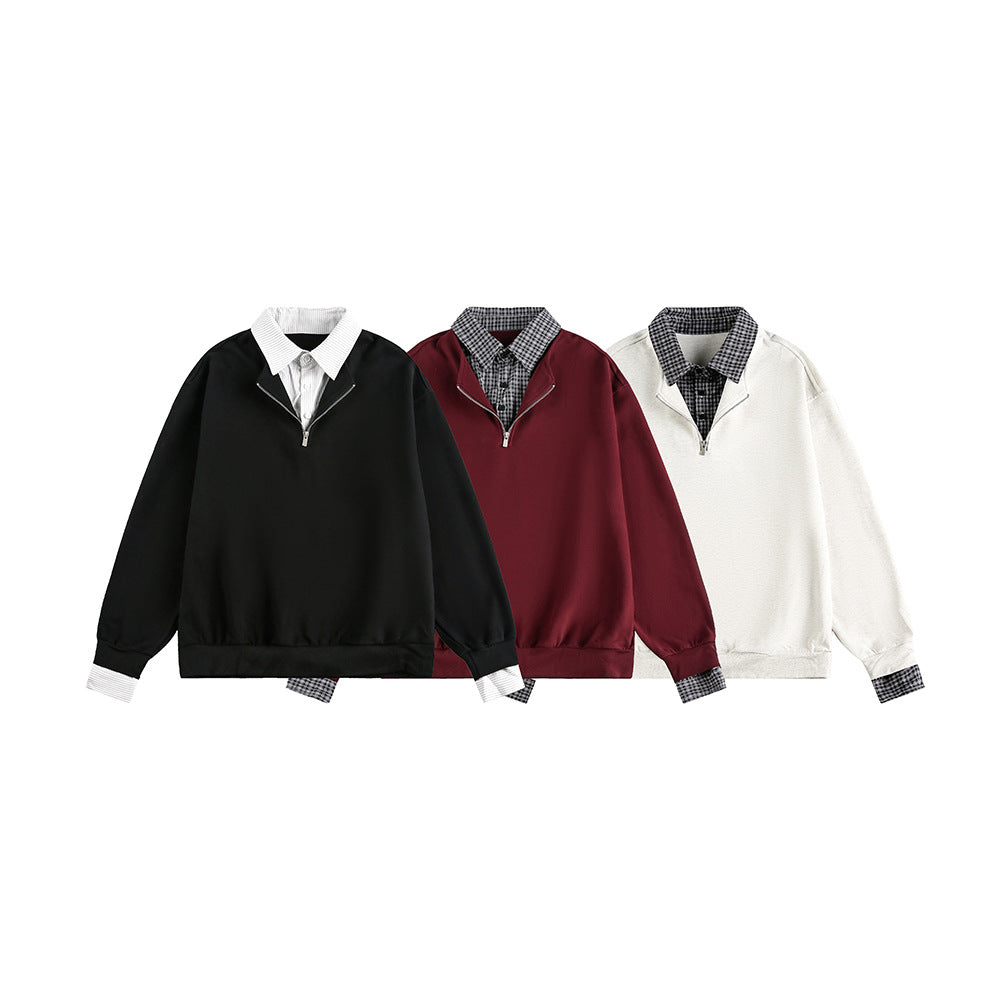 Checkered Spliced Mock Two-Piece Old Money Style Polo Neck Pullover Hoodie