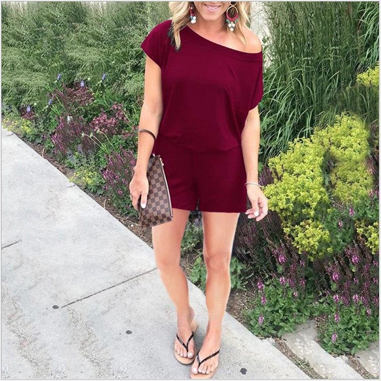 Fashionable Asymmetrical Shoulder Short Sleeve Pocket Women's Jumpsuit in 6 Colors by eprolo