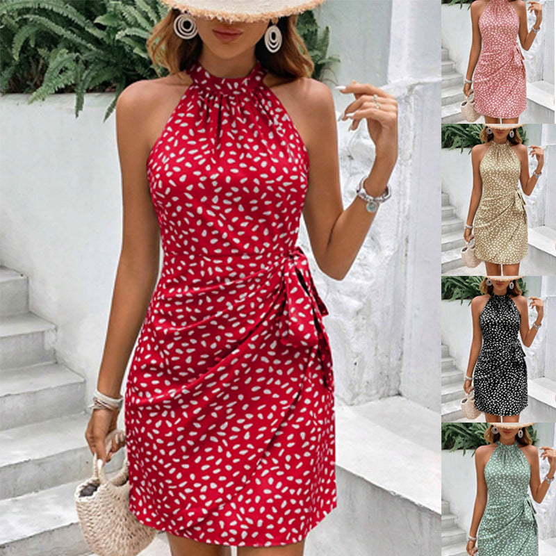 Summer Fashion Sleeveless Floral Ruched Mini Dress with Halter Neck and Zipper by eprolo