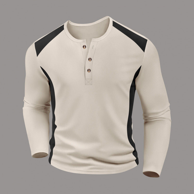 Men's Waffle-Weave Two-Tone Turtleneck Button-Up Long-Sleeve Top by DERILUJA LLC