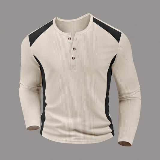 Men's Waffle-Weave Two-Tone Turtleneck Button-Up Long-Sleeve Top by DERILUJA LLC