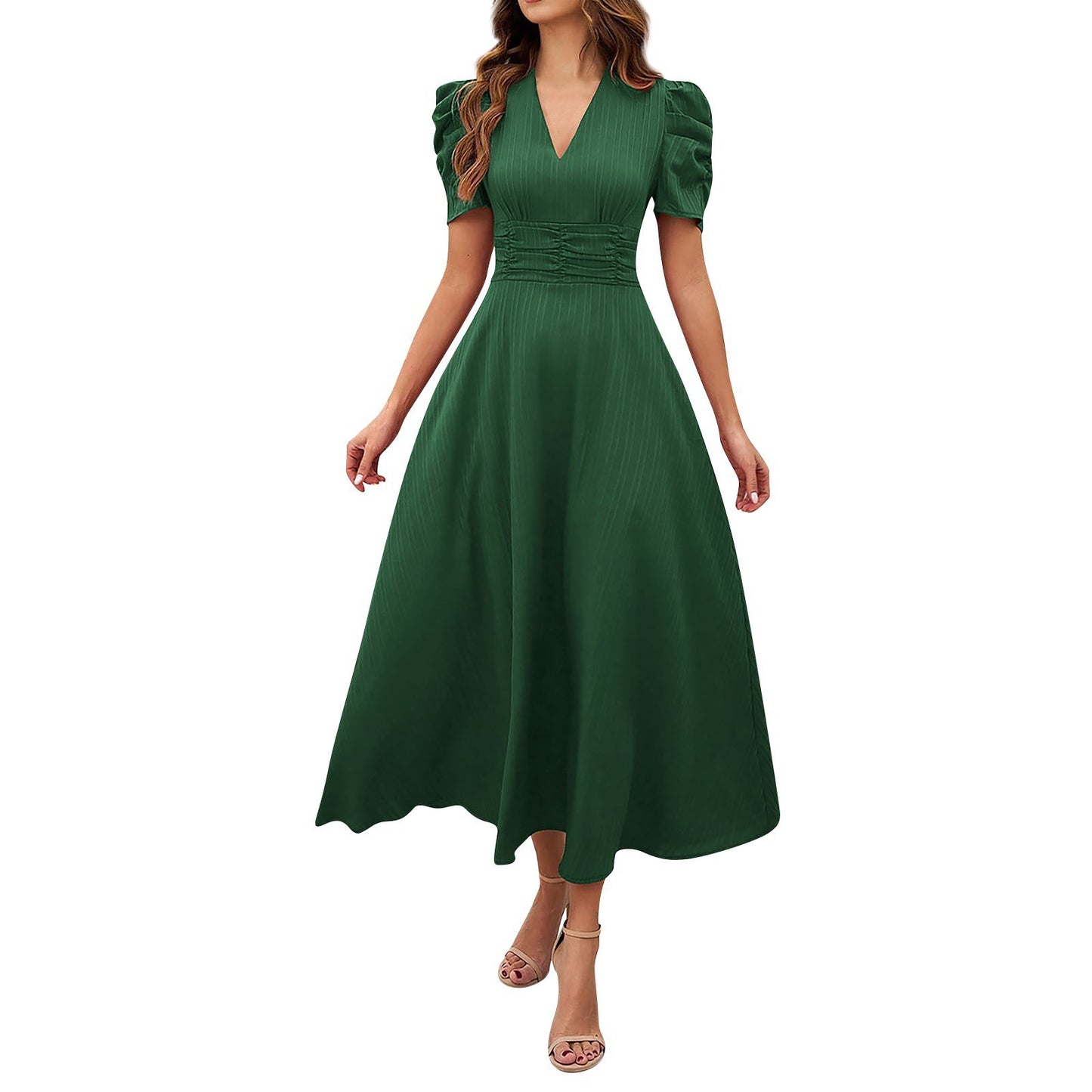 2026 Cross-Border Spring Summer Amazon Women's Fashionable And Elegant High-Waisted Solid Color Waist-Cinching Short-Sleeve Dress by DERILUJA LLC