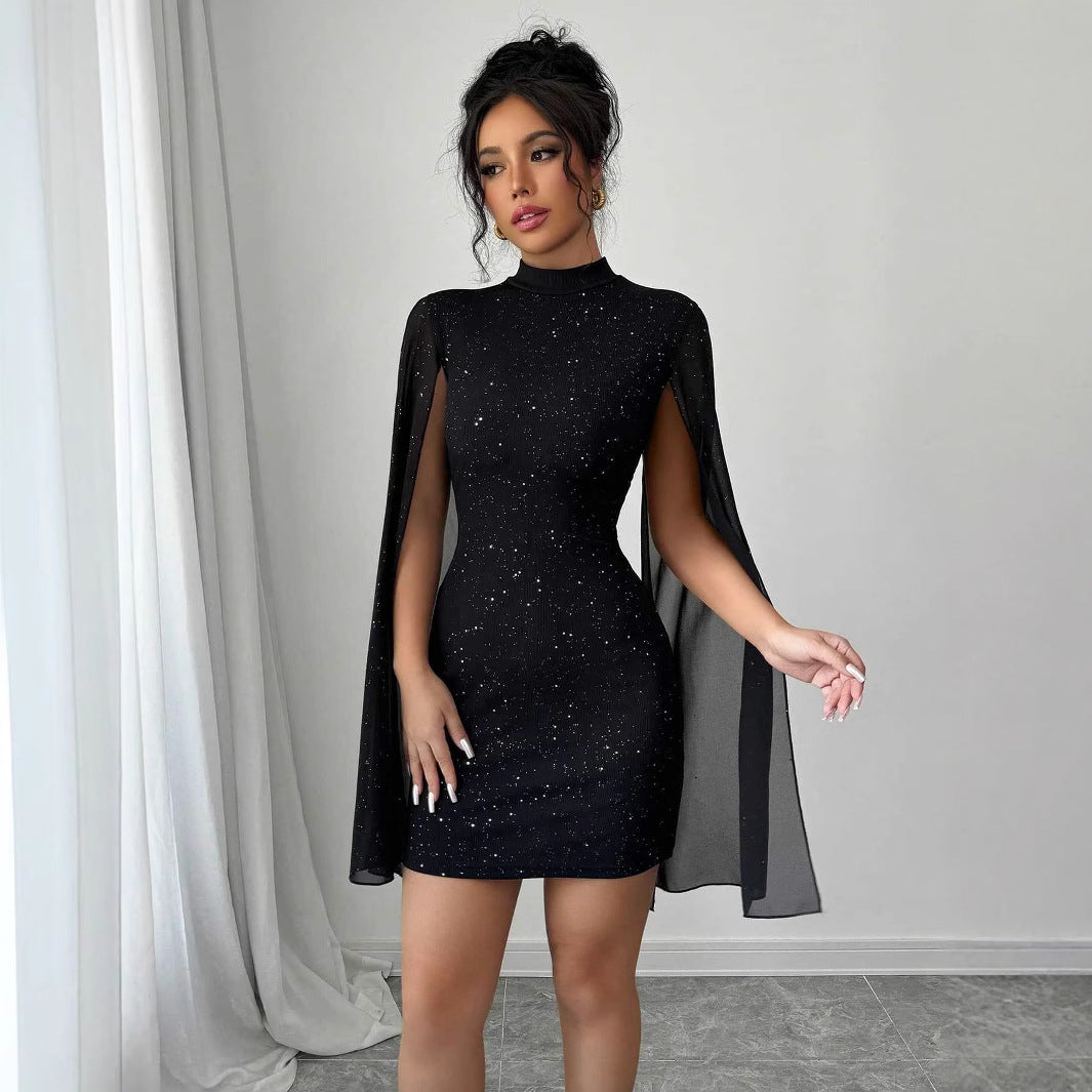 Women's Sexy Elegant Evening Party Dresses Round Neck Pit Stripe Pearl Chiffon Cape Sleeve Wrapped Hip Dress by DERILUJA LLC