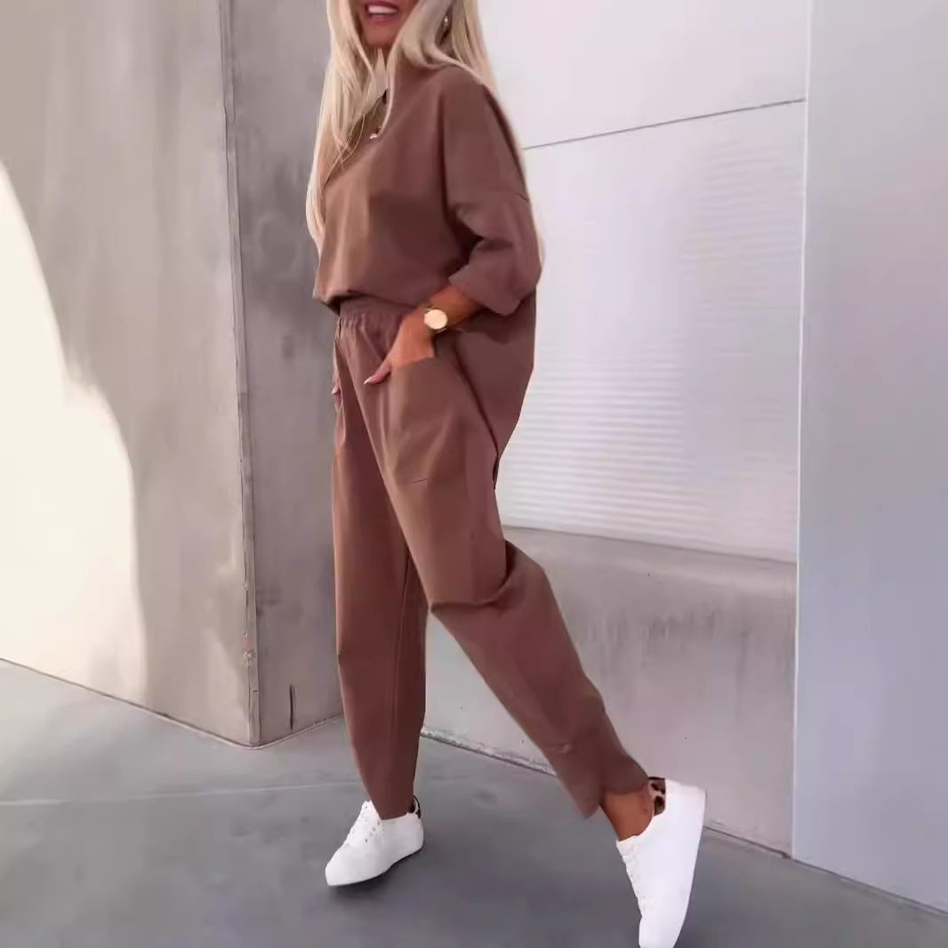 Two-piece Solid Color Round Neck Cropped Pants Set by My Store