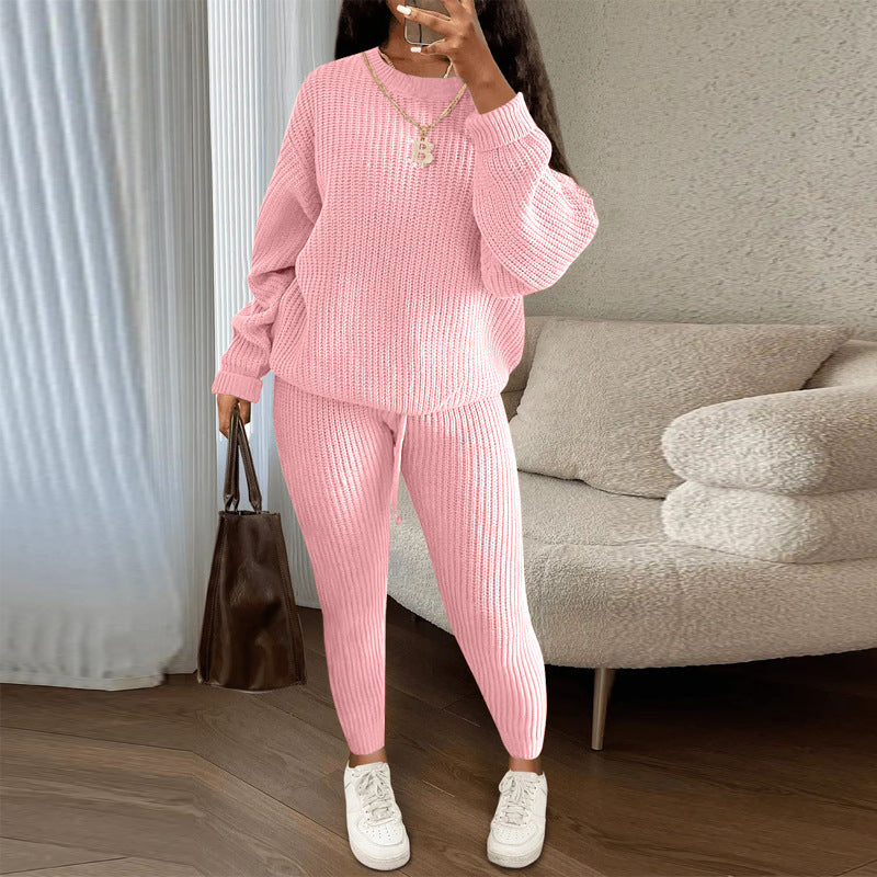 Winter Ribbed Knit Suits Fashion Loose Pullover Sweater Top And Drawstring Pants For Women Trouser Set Clothing by My Store