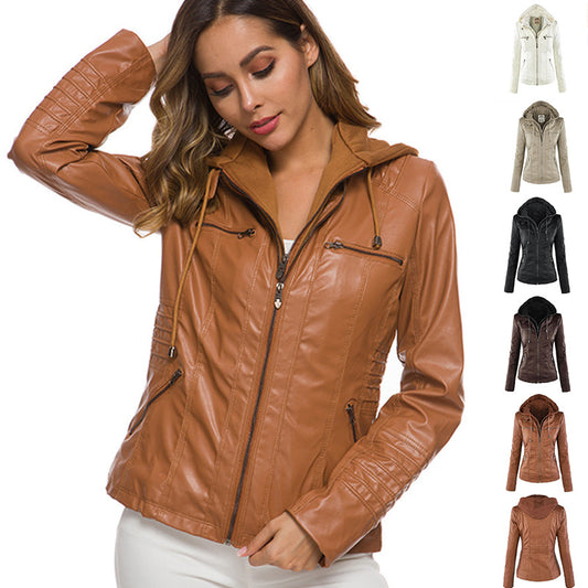 Fashion Detachable Hooded Jacket With Pockets Casual Solid Color Zipper Long Sleeve Leather Coat Autumn Winter Women's Clothing by My Store