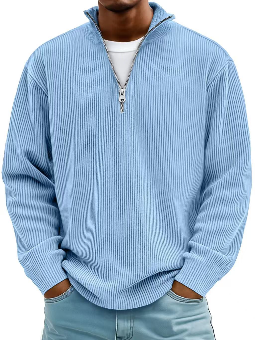 Corduroy Zipper Stand Collar Sweatshirt Fashion Warm Solid Color Long Sleeve Top Men's Casual Polo Shirt Clothing by My Store