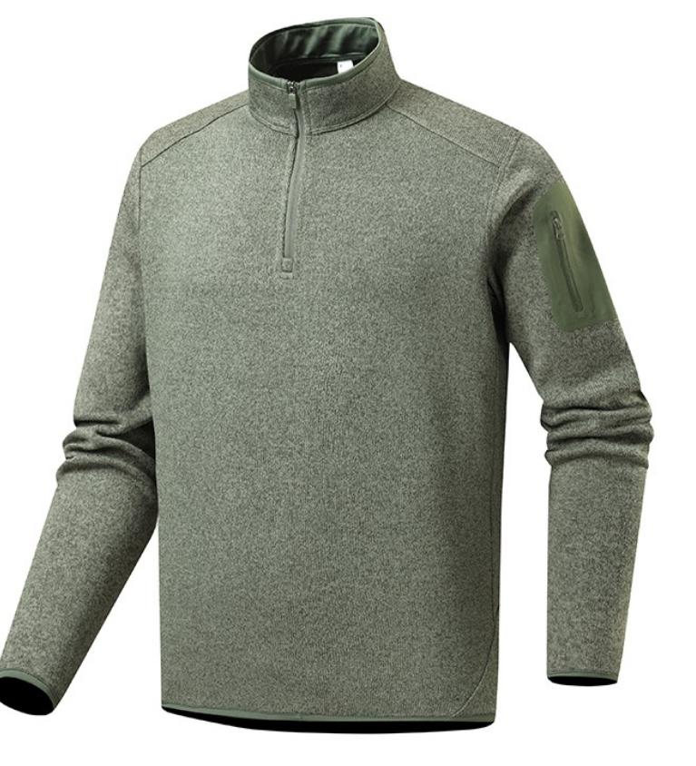 Men Quarter Zip Knit Fleece Pullover, Stand Collar Long Sleeve Sweater Jacket, Arm Zip Pocket, Warm Mid Layer For Hiking Camping Urban Daily Wear by DERILUJA LLC