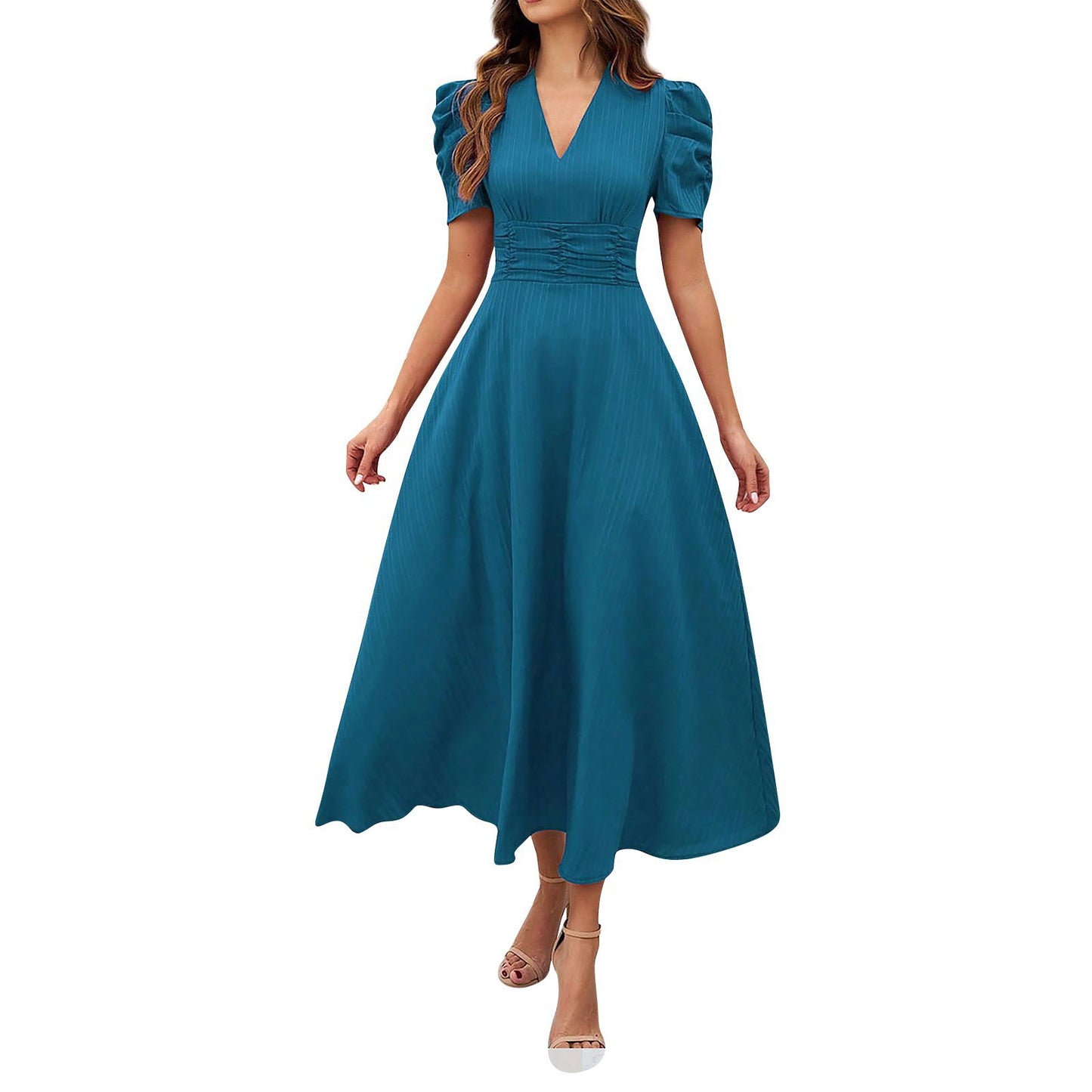 2026 Cross-Border Spring Summer Amazon Women's Fashionable And Elegant High-Waisted Solid Color Waist-Cinching Short-Sleeve Dress by DERILUJA LLC