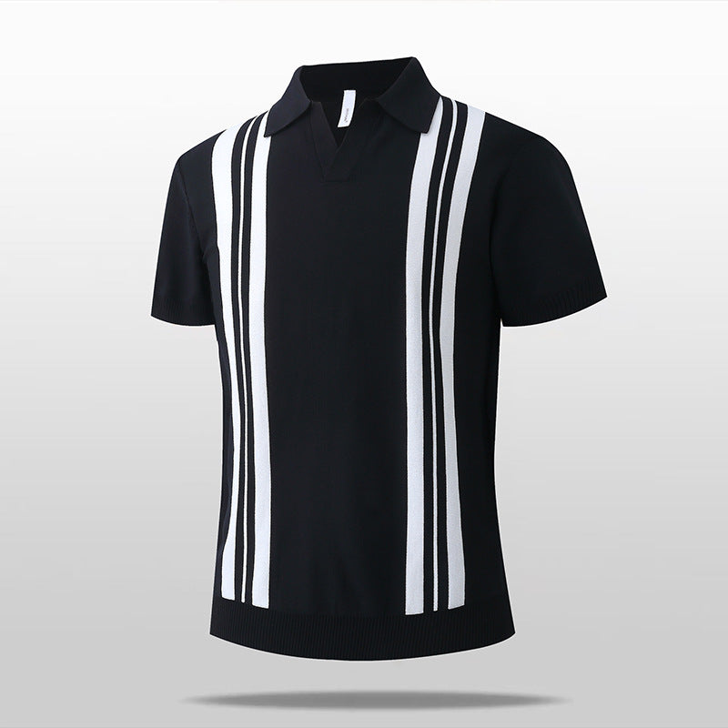 Icy-cool Striped Knitted Short-sleeve Mens Top by DERILUJA LLC