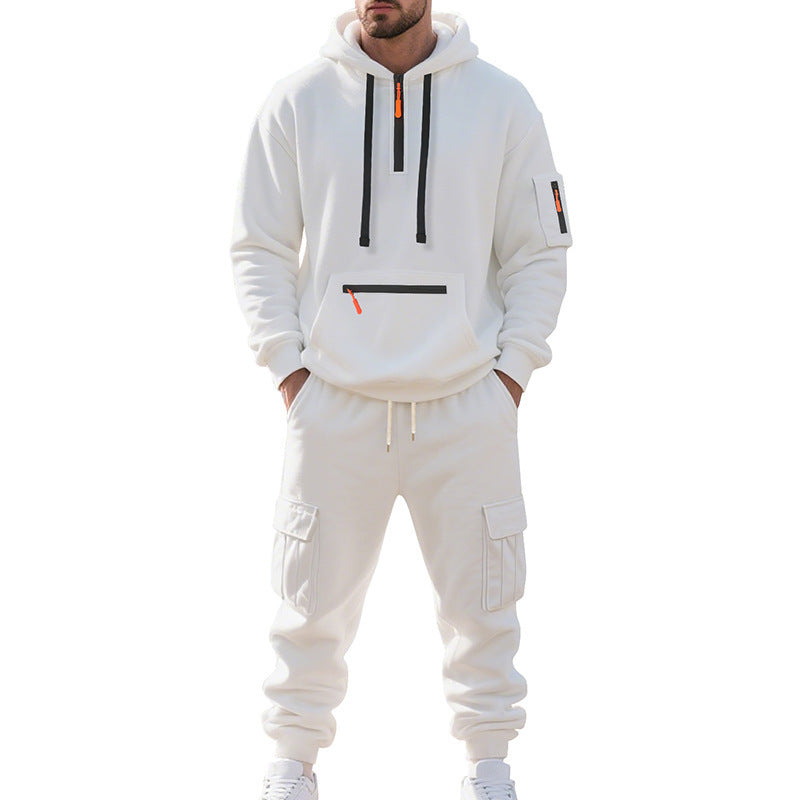 Men's Loose Sports And Leisure Suit Sweater Fleece-lined Hoodie Set Zipper Multi-Pocket Pullover Men's Sports Casual Top Two-piece Set by My Store