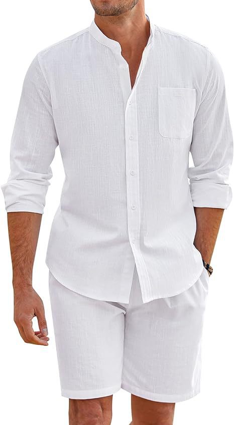 Casual Men's Summer Two-Piece Set Polyester Button-Up Long Sleeve Shirt and Shorts Cardigan Simple Leisure Beachwear by eprolo