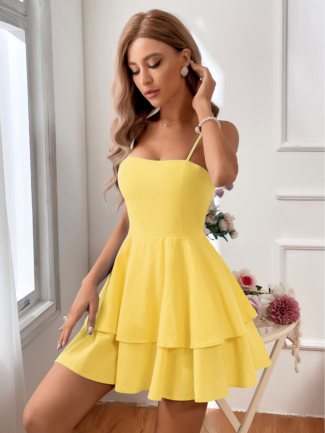 Summer pure cotton square neck suspender A-line short skirt sweet and fresh high waisted bow tie slim fit dress by eprolo