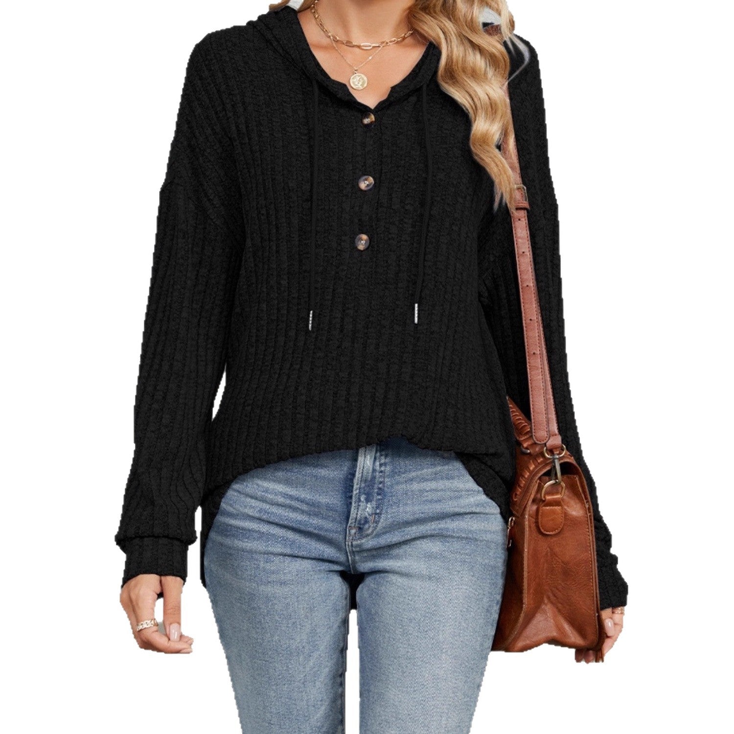 Solid color hooded button loose long sleeved sweatshirt women's clothing by eprolo