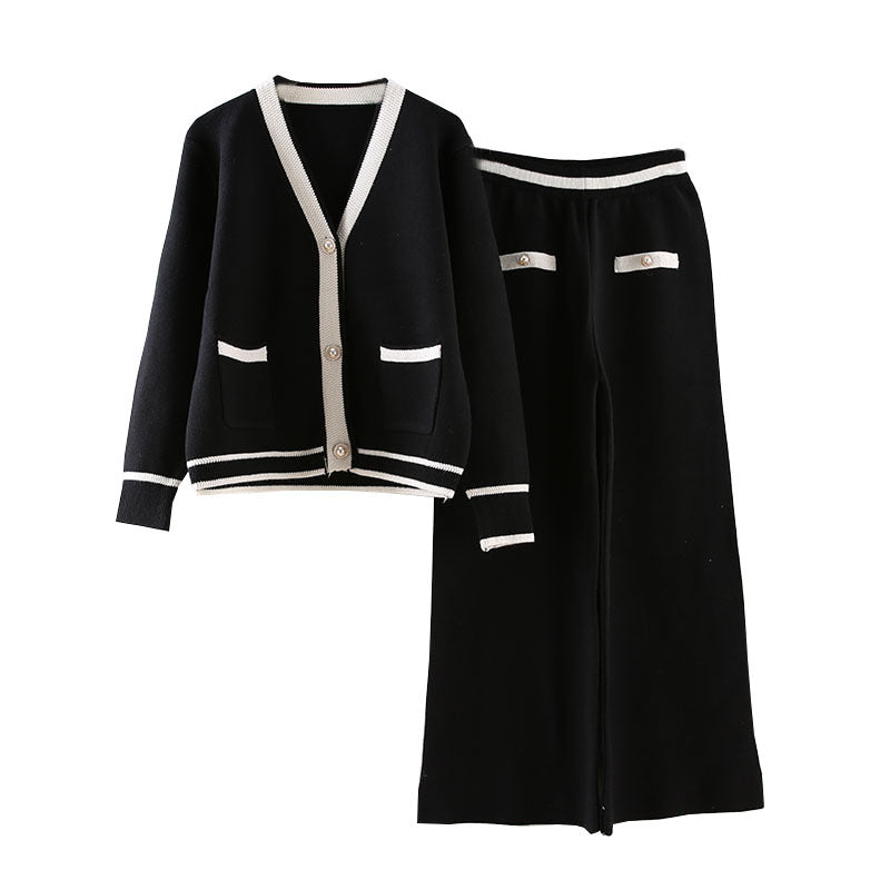 Knitted Wide Leg Pants Suit Women's Autumn New Fashion Ladies Temperament Goddess Fan Two Piece Suit by eprolo