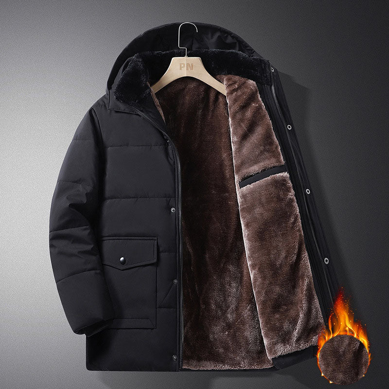 Coat men's winter new style with added velvet and thickened warm cotton clothing, business and leisure mid length hooded plus size men's cotton clothing by eprolo