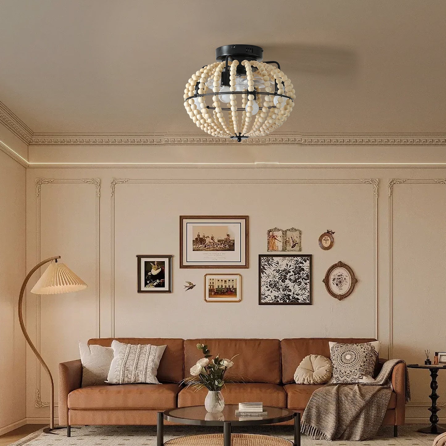 Beaded Fan lamp Wood Beaded Chandelier Oak White by eprolo
