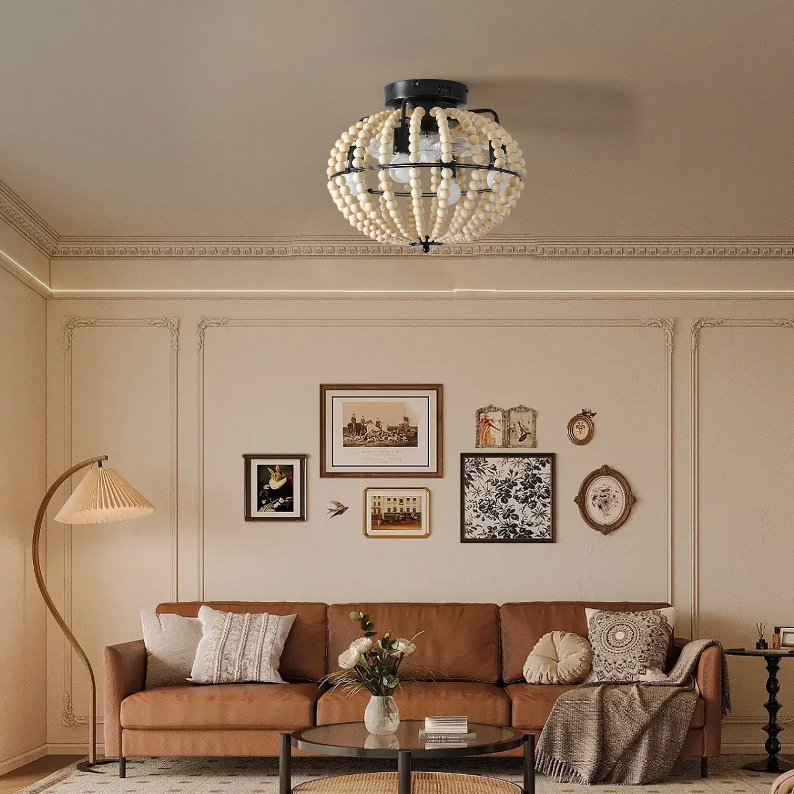 Beaded Fan lamp Wood Beaded Chandelier Oak White by eprolo