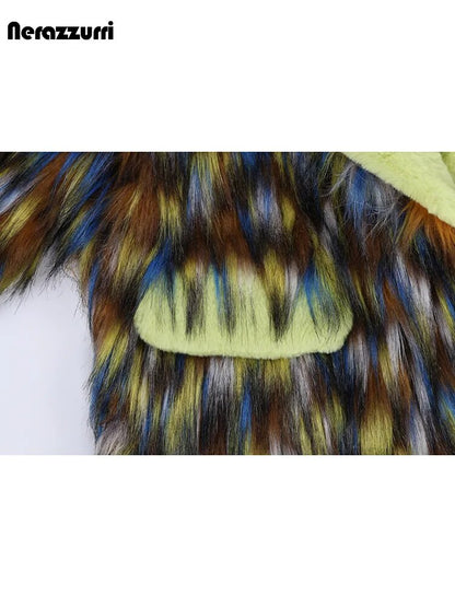 Nerazzurri Winter Long Colorful Thick Warm Colorful Hairy Shaggy Patchwork Faux Fox Fur Coat Women Fluffy Furry Overcoat