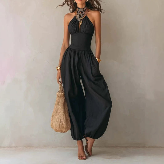Slim-Fitting Body-Concealing Travel Halter Neck Sexy Casual Comfortable Jumpsuit by eprolo