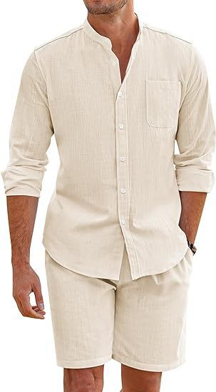 Casual Men's Summer Two-Piece Set Polyester Button-Up Long Sleeve Shirt and Shorts Cardigan Simple Leisure Beachwear by eprolo