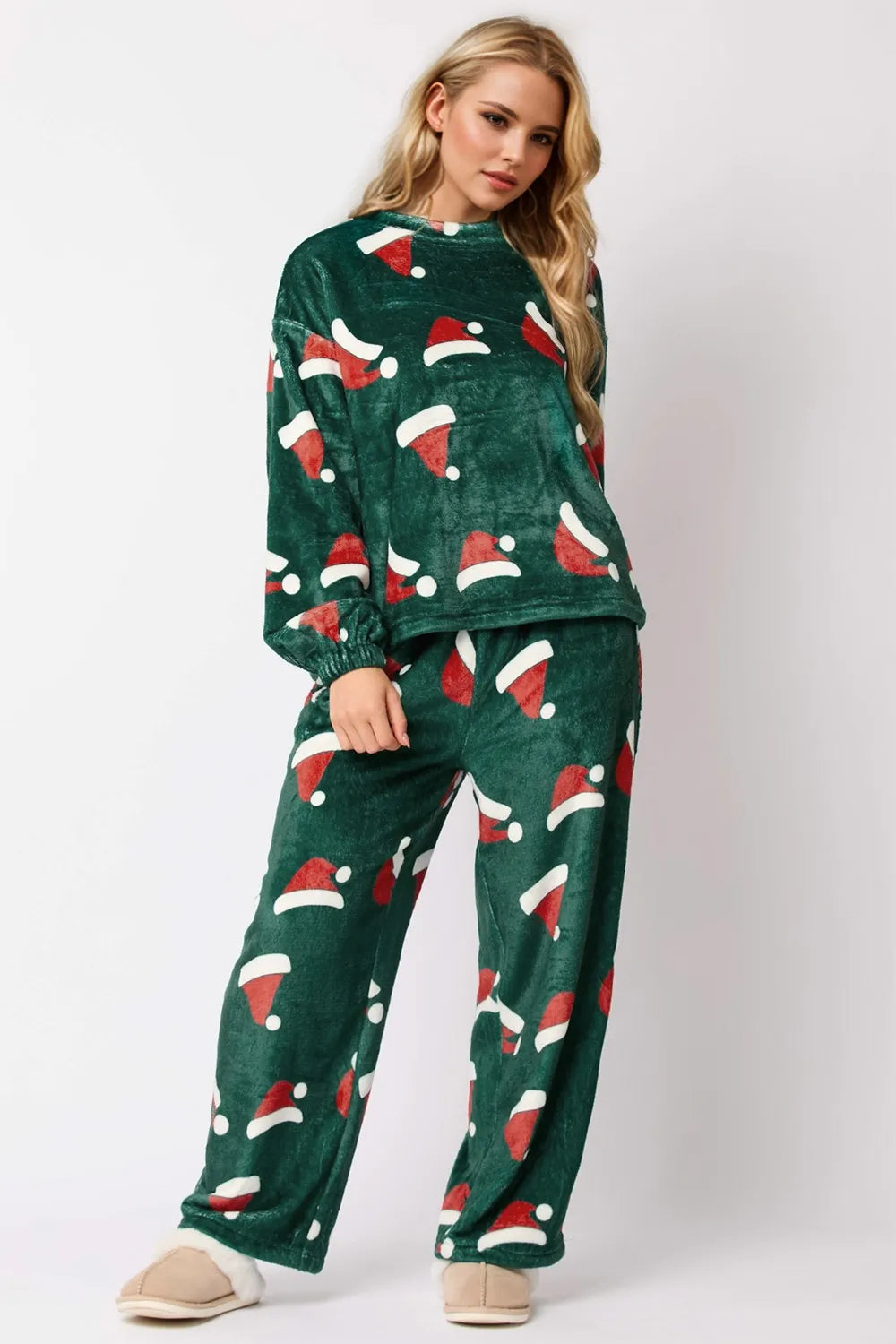 Christmas Hat Pattern Round Neck Long Sleeve Top and Pants Set by eprolo