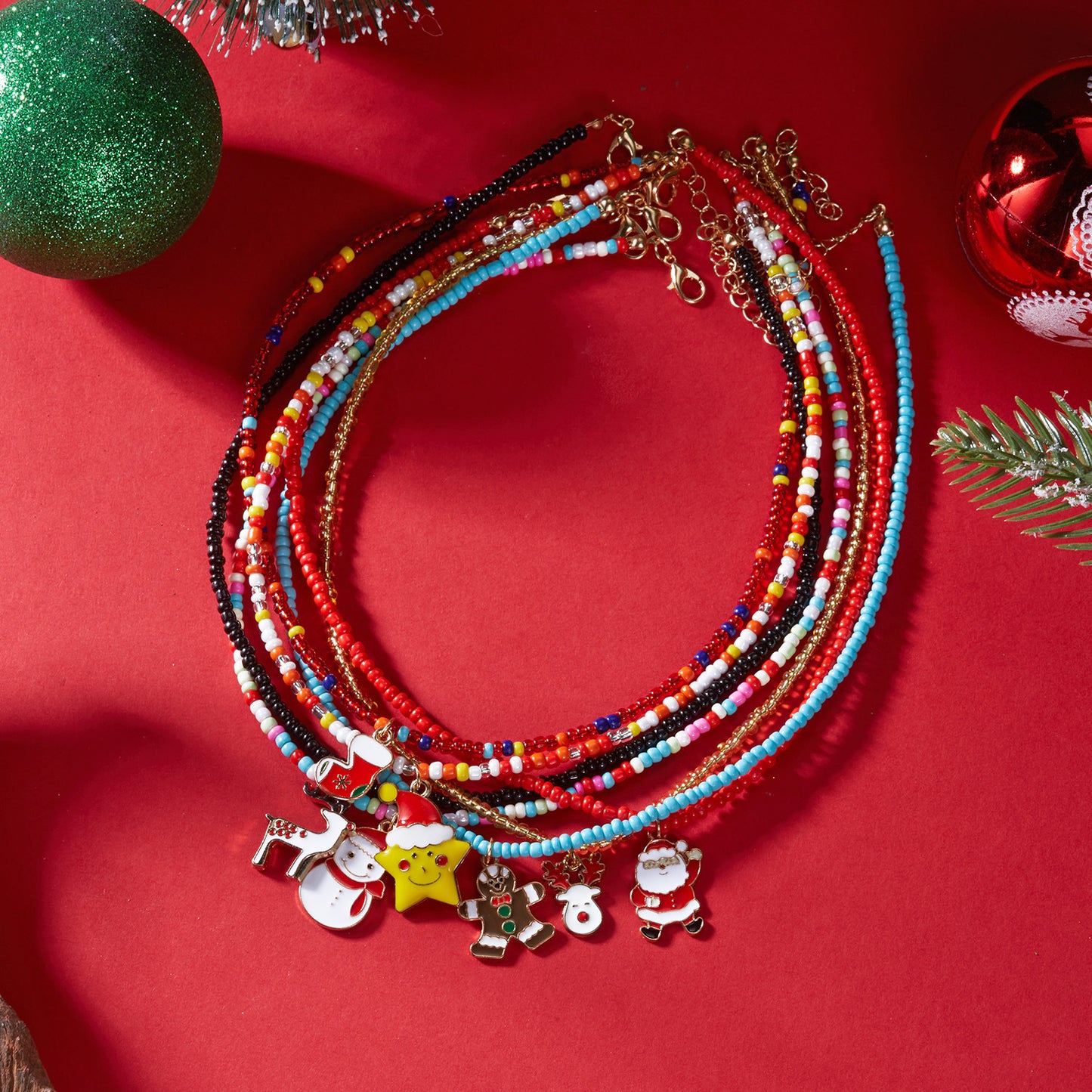 Christmas Cartoon Santa Bell Snowman Snowflake Pendant Colorful Seed Bead Necklace for Women by eprolo