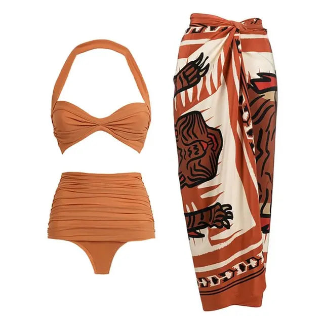 New Halter Bikini Swimsuit and Sarong bikini set Vacation Swimwear Women Beachwear Bathing Suit by eprolo