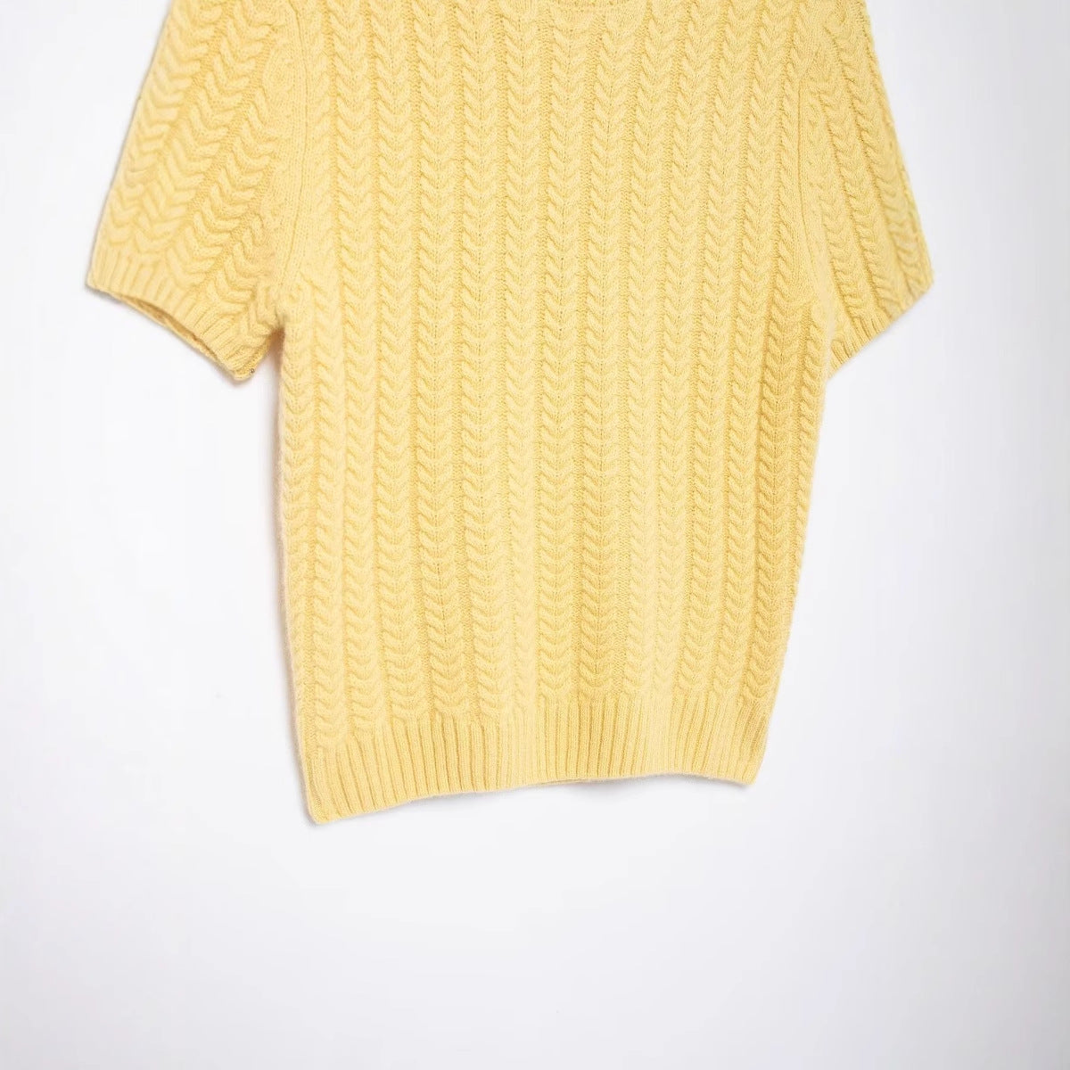 Stylish round neck short sleeved eight strand braided yellow knitted sweater for women by eprolo