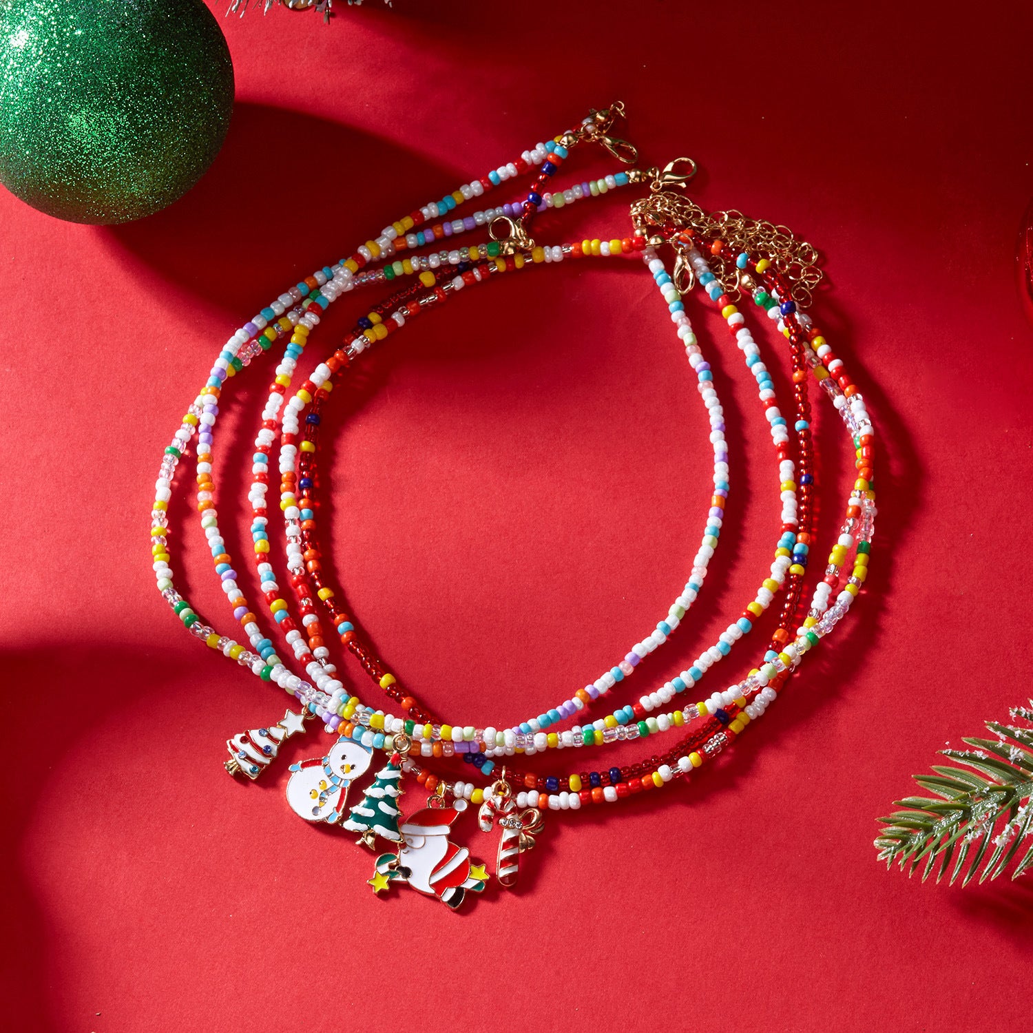 Christmas Cartoon Santa Bell Snowman Snowflake Pendant Colorful Seed Bead Necklace for Women by eprolo