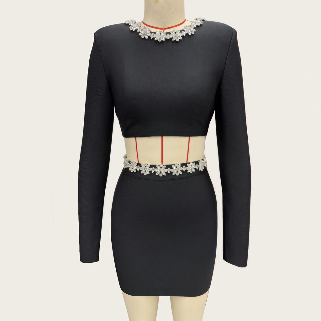 Diamond round neck long sleeved waist bandage set skirt