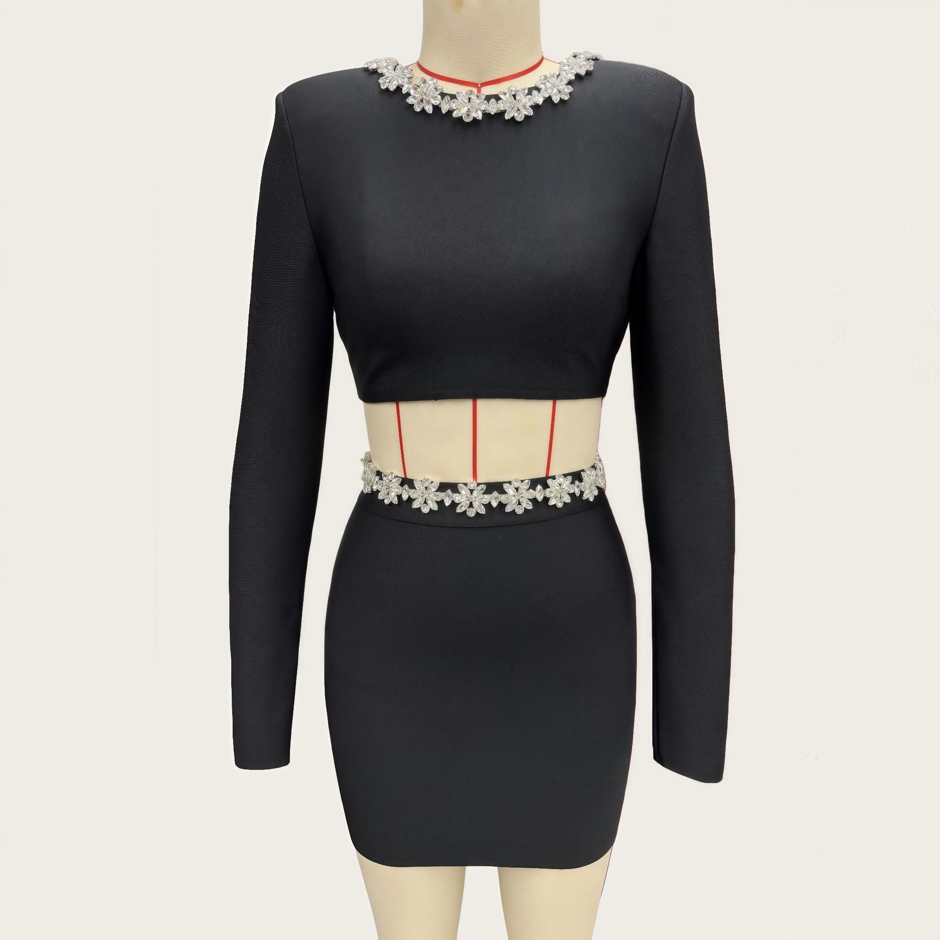 Diamond round neck long sleeved waist bandage set skirt