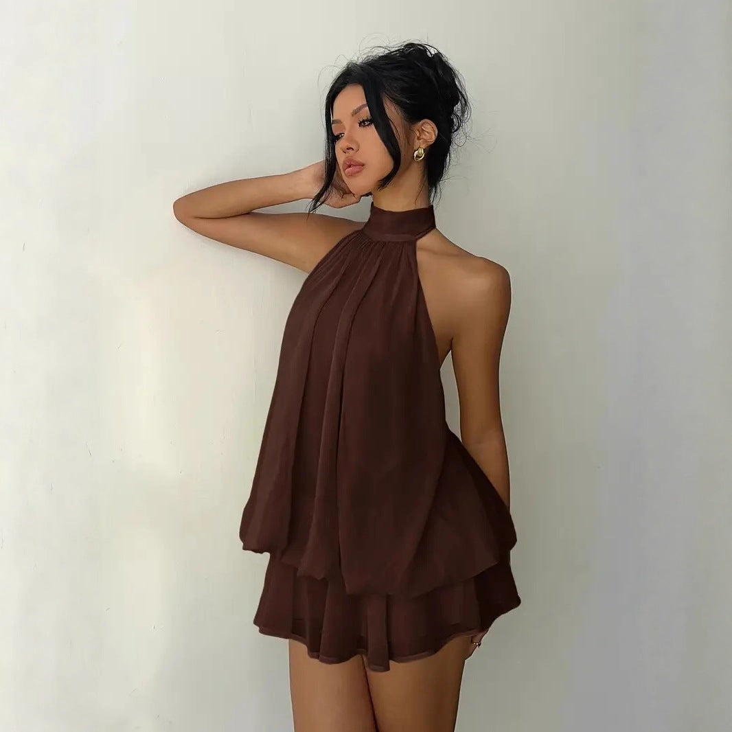 Women's vacation fitted sexy backless halter neck tie-waist dress with puffy short skirt by eprolo