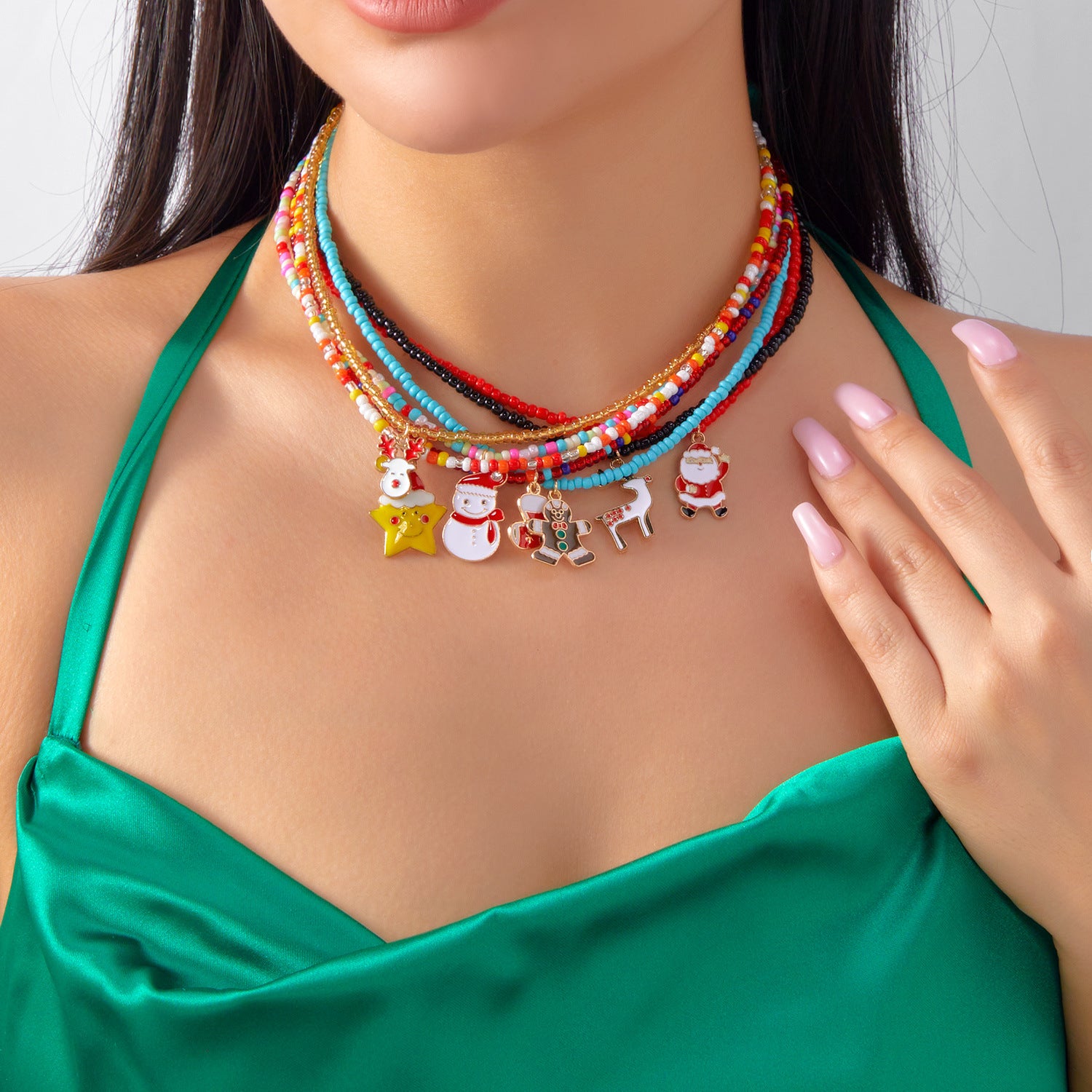 Christmas Cartoon Santa Bell Snowman Snowflake Pendant Colorful Seed Bead Necklace for Women by eprolo