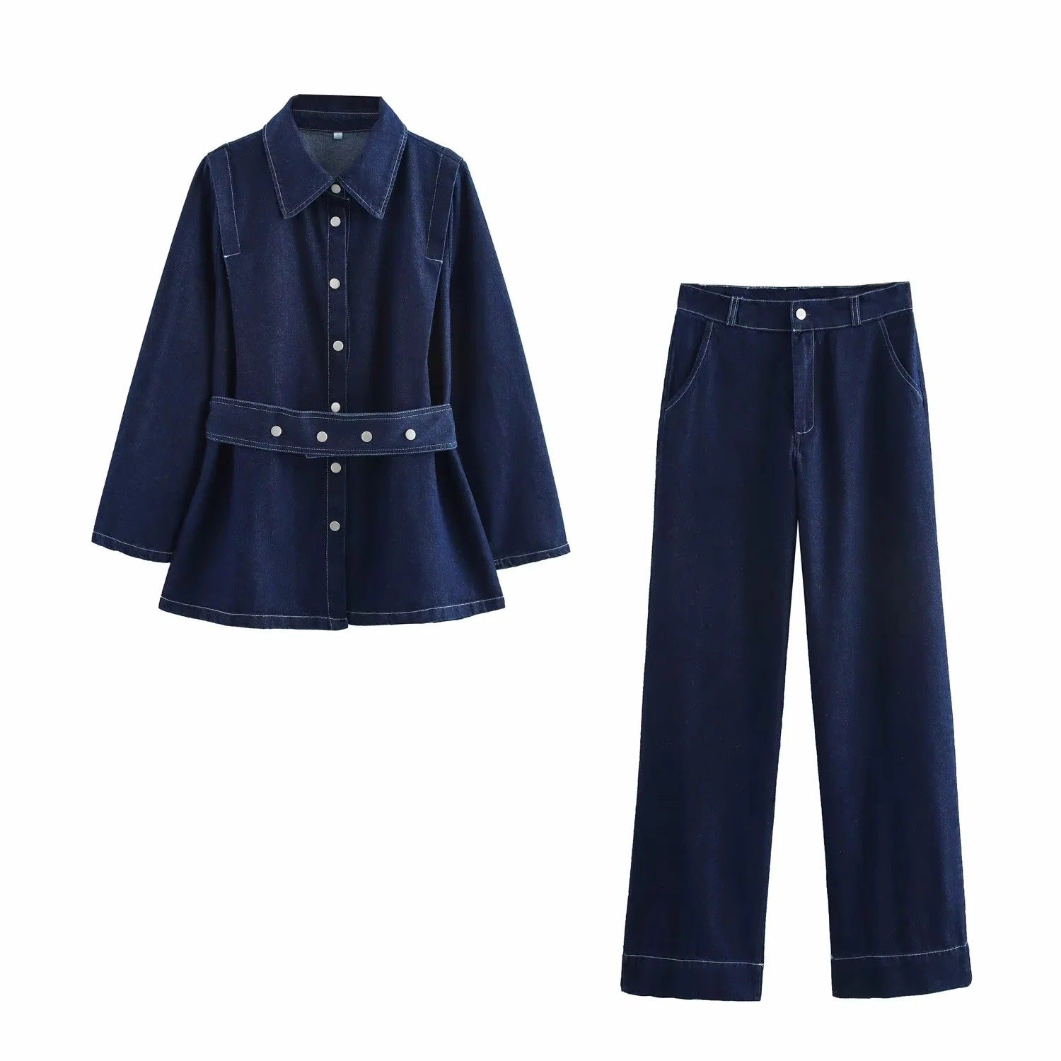 Belted Turn-Down Collar Denim Jacket Pants Set by eprolo